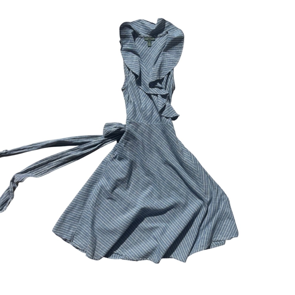 Lauren Ralph Lauren Blue White Striped Cotton Ruffle Wrap Dress Size 4